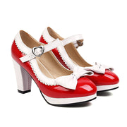 Retro Mary Jane block heels with bow accent, rounded toe and secure strap closure