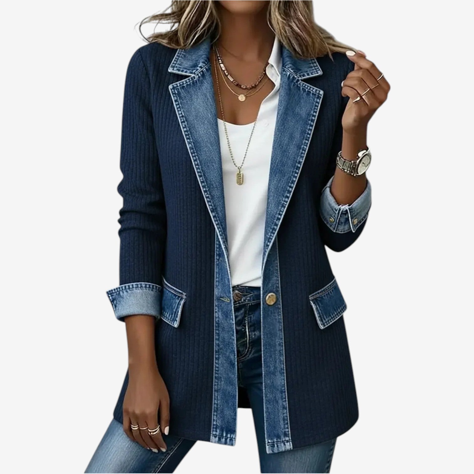 Emilia open-front mixed media layered jacket with soft body and structured detailing