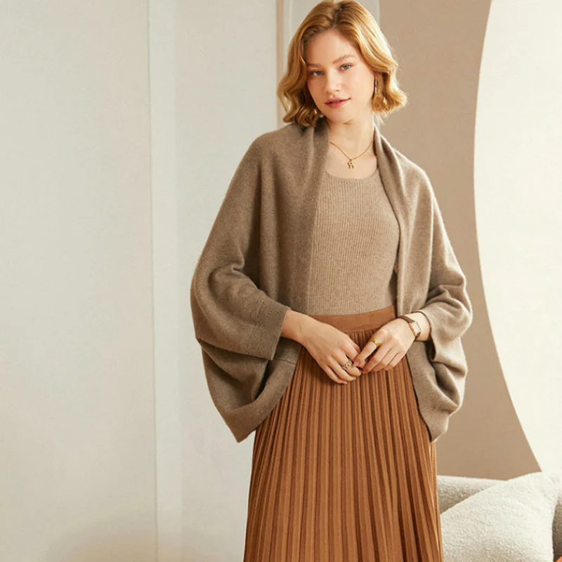 Alpina premium Merino wool shawl shown in tan, beige, black and red, oversized cut