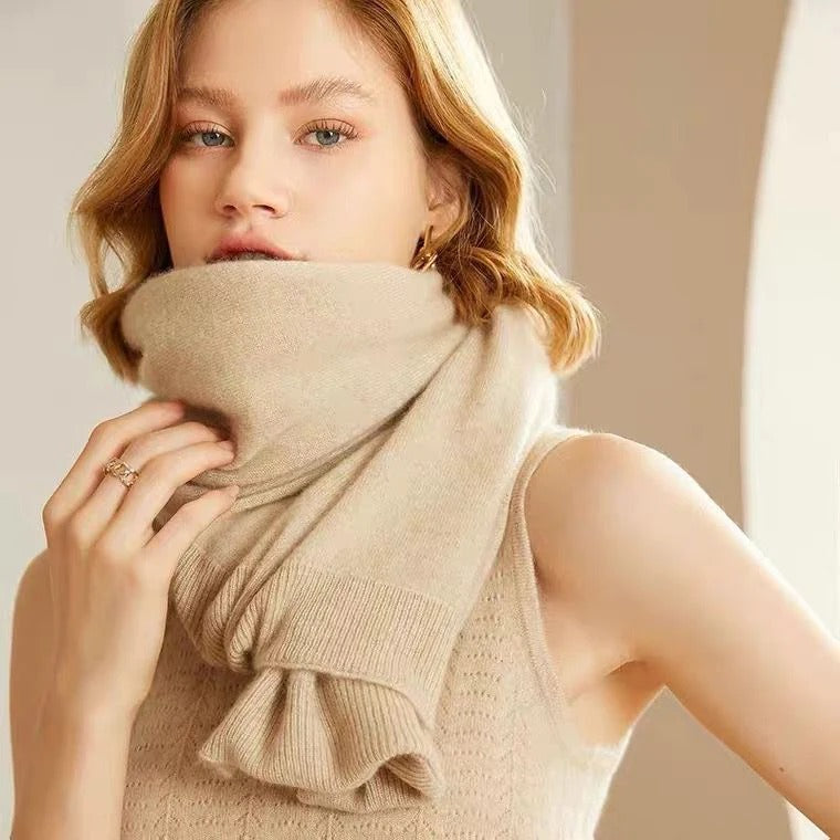 Alpina premium Merino wool shawl shown in tan, beige, black and red, oversized cut