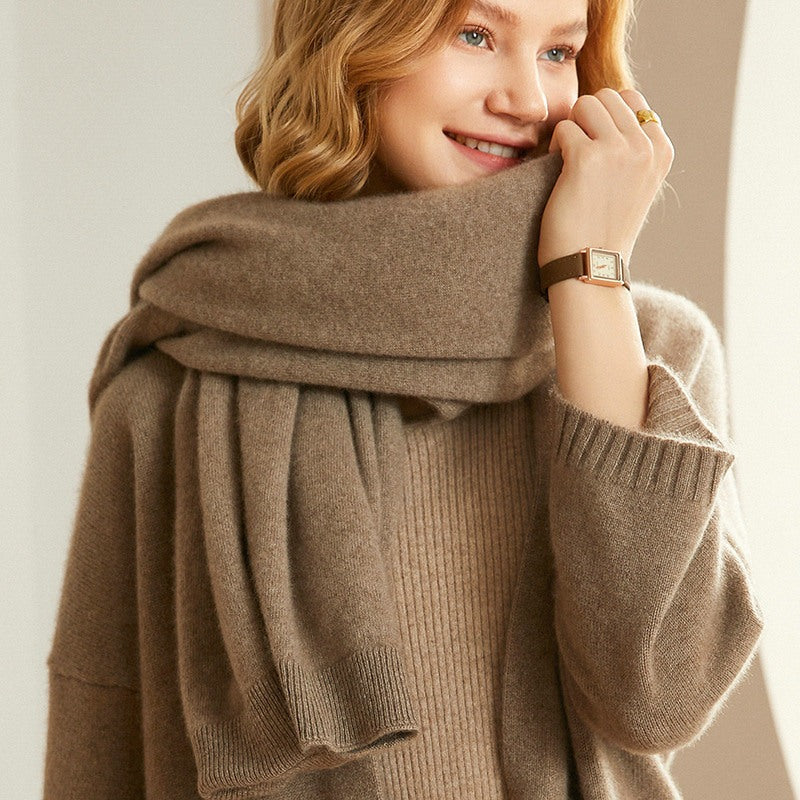 Alpina premium Merino wool shawl shown in tan, beige, black and red, oversized cut