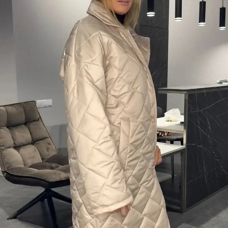Victoria refined reversible mid-length winter coat shown in an elegant neutral tone
