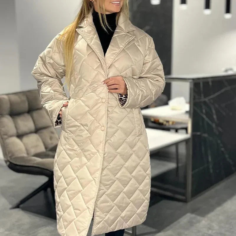Victoria refined reversible mid-length winter coat shown in an elegant neutral tone