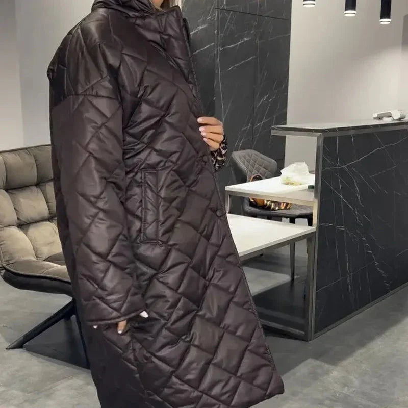Victoria refined reversible mid-length winter coat shown in an elegant neutral tone