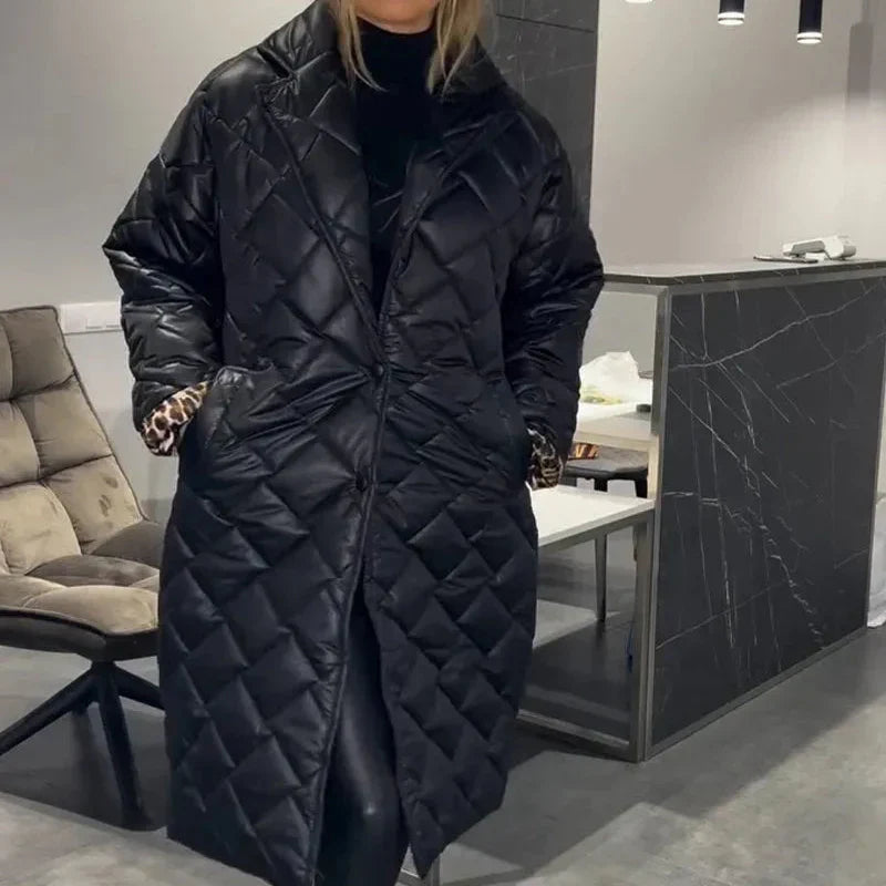 Victoria refined reversible mid-length winter coat shown in an elegant neutral tone