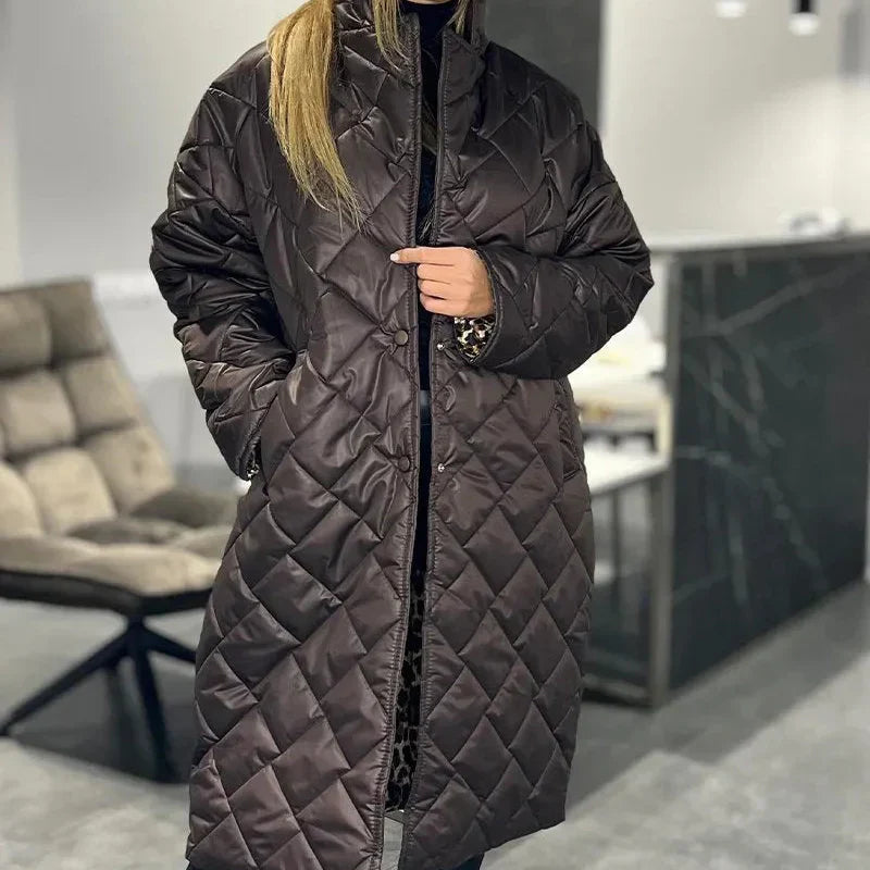 Victoria refined reversible mid-length winter coat shown in an elegant neutral tone