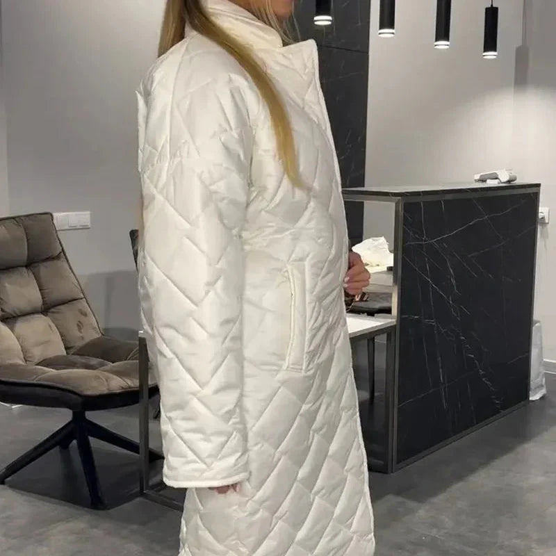 Victoria refined reversible mid-length winter coat shown in an elegant neutral tone