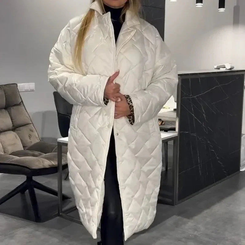 Victoria refined reversible mid-length winter coat shown in an elegant neutral tone