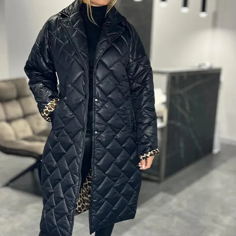Victoria refined reversible mid-length winter coat shown in an elegant neutral tone
