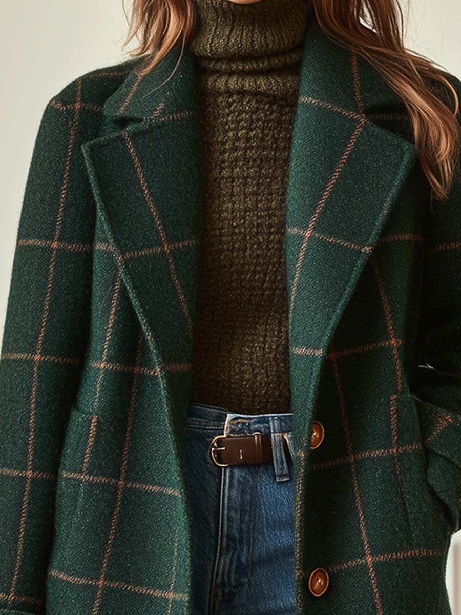 Dark green heritage tweed coat with retro lapel styling