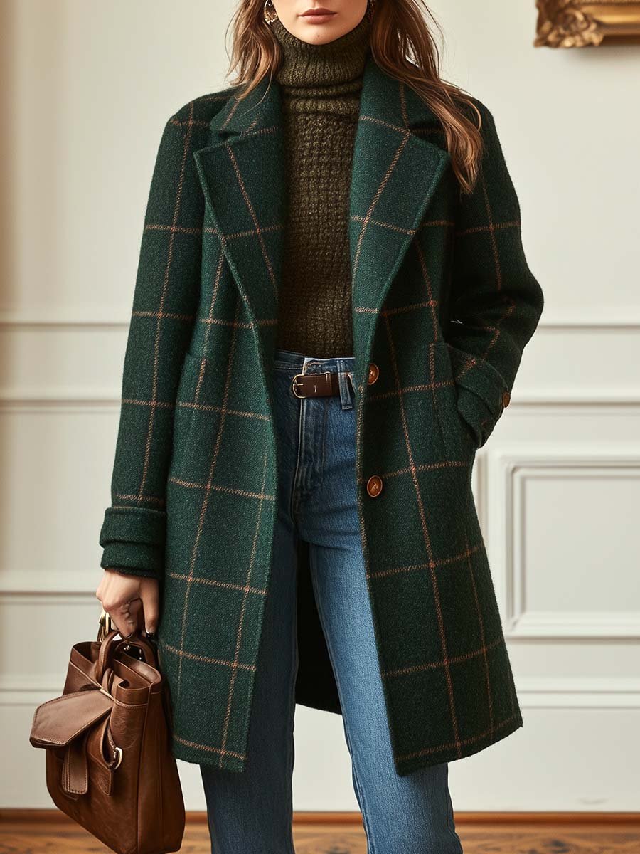 Dark green heritage tweed coat with retro lapel styling