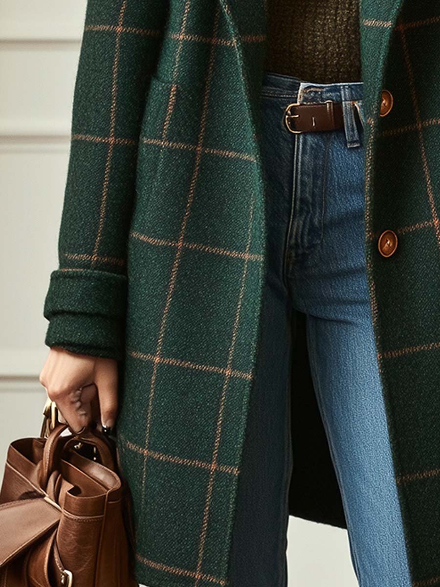 Dark green heritage tweed coat with retro lapel styling