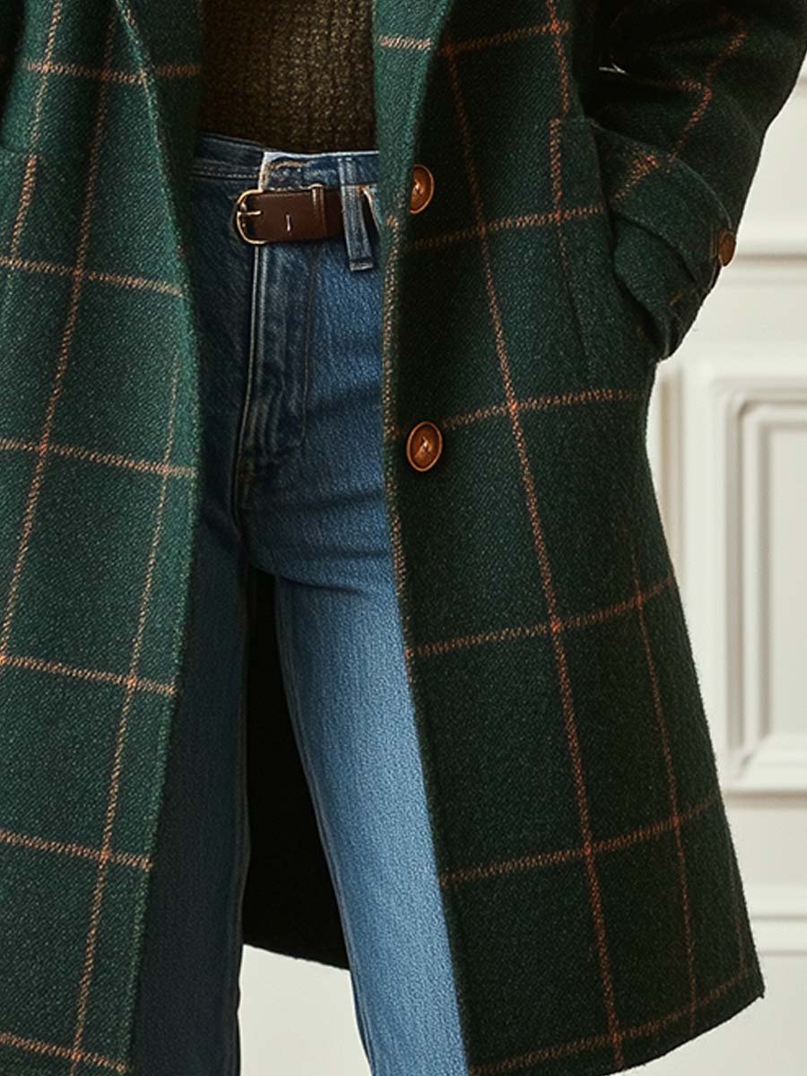 Dark green heritage tweed coat with retro lapel styling