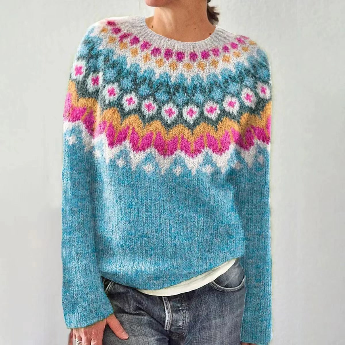Petra cashmere jumper in soft knit, shown in pink and blue