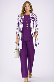 Elaine purple and white coordinated three-piece set styled together