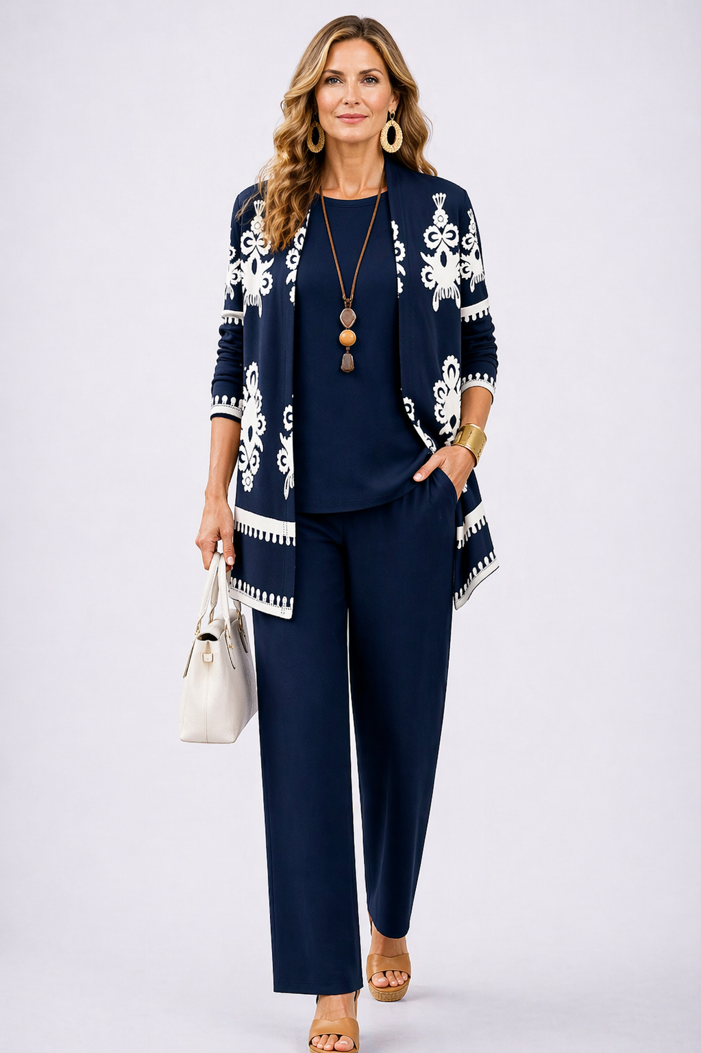 Carol navy blue three-piece coordinated set styled together