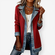 Wynne relaxed red denim jacket in a soft knit-denim mix, styled for everyday layering