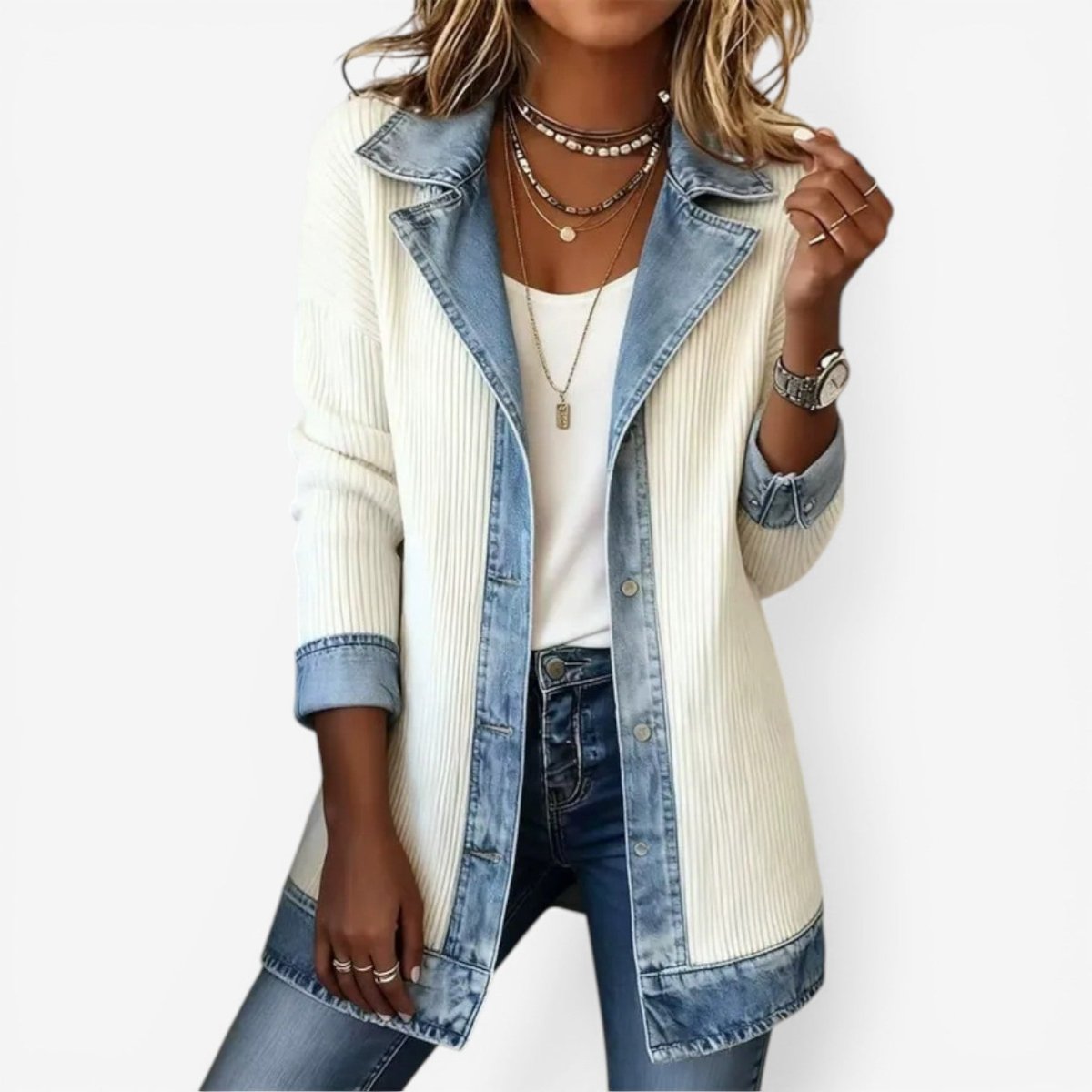 Talia relaxed white denim jacket for women in a soft knit-denim mix