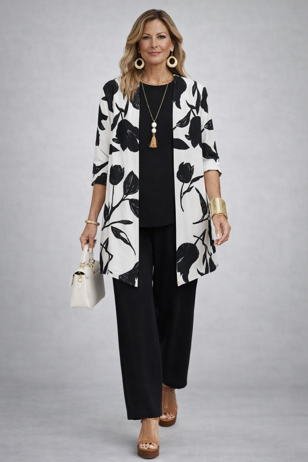 Etheline coordinated black three-piece set styled together for an effortless everyday look