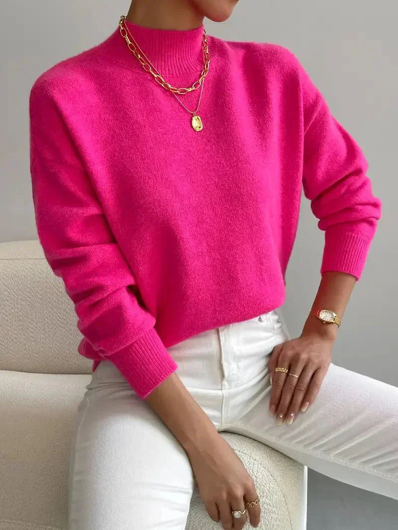 Emily elegant turtleneck knit sweater shown in soft neutral tones
