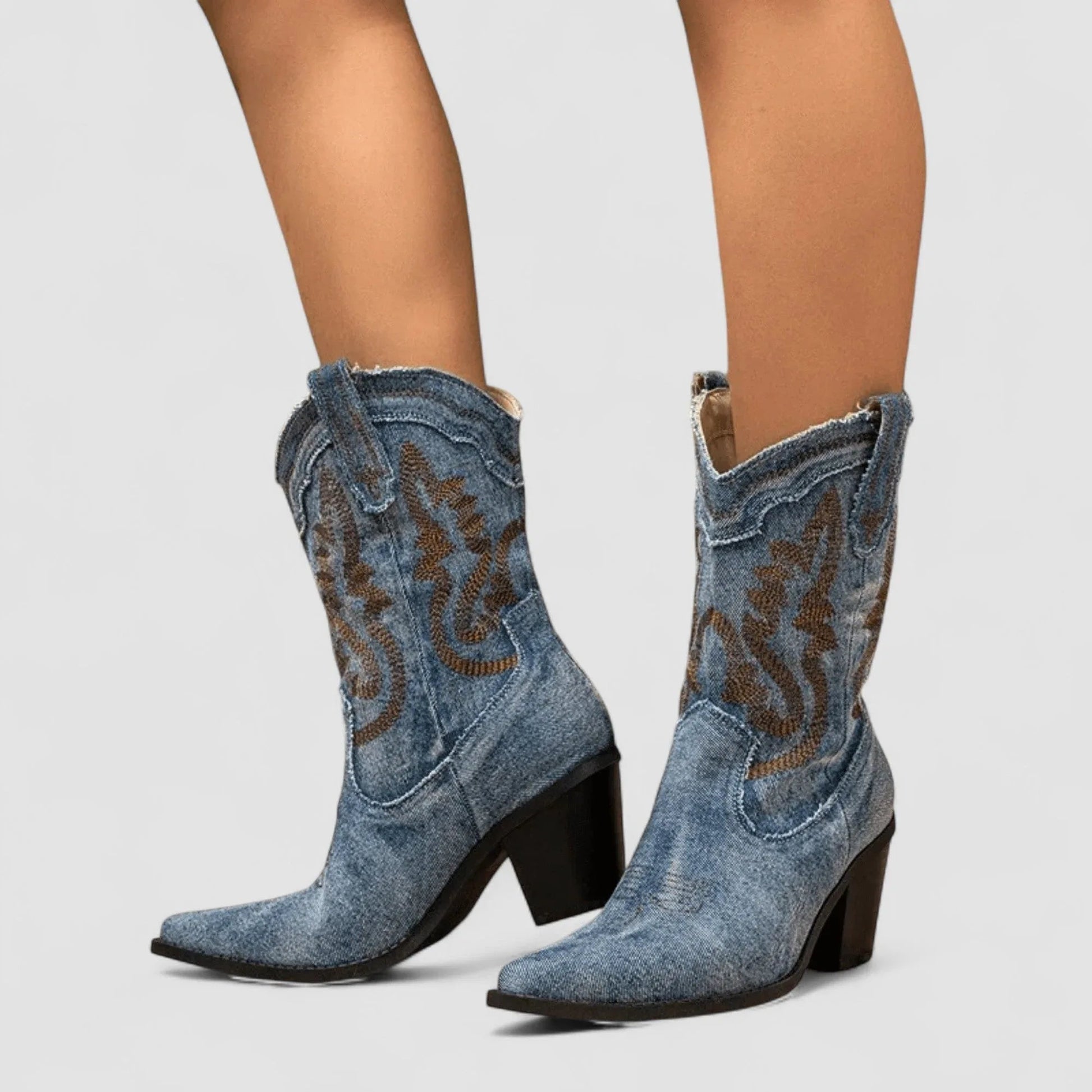 Selena denim ankle boots with low block heel in blue, styled for everyday comfort