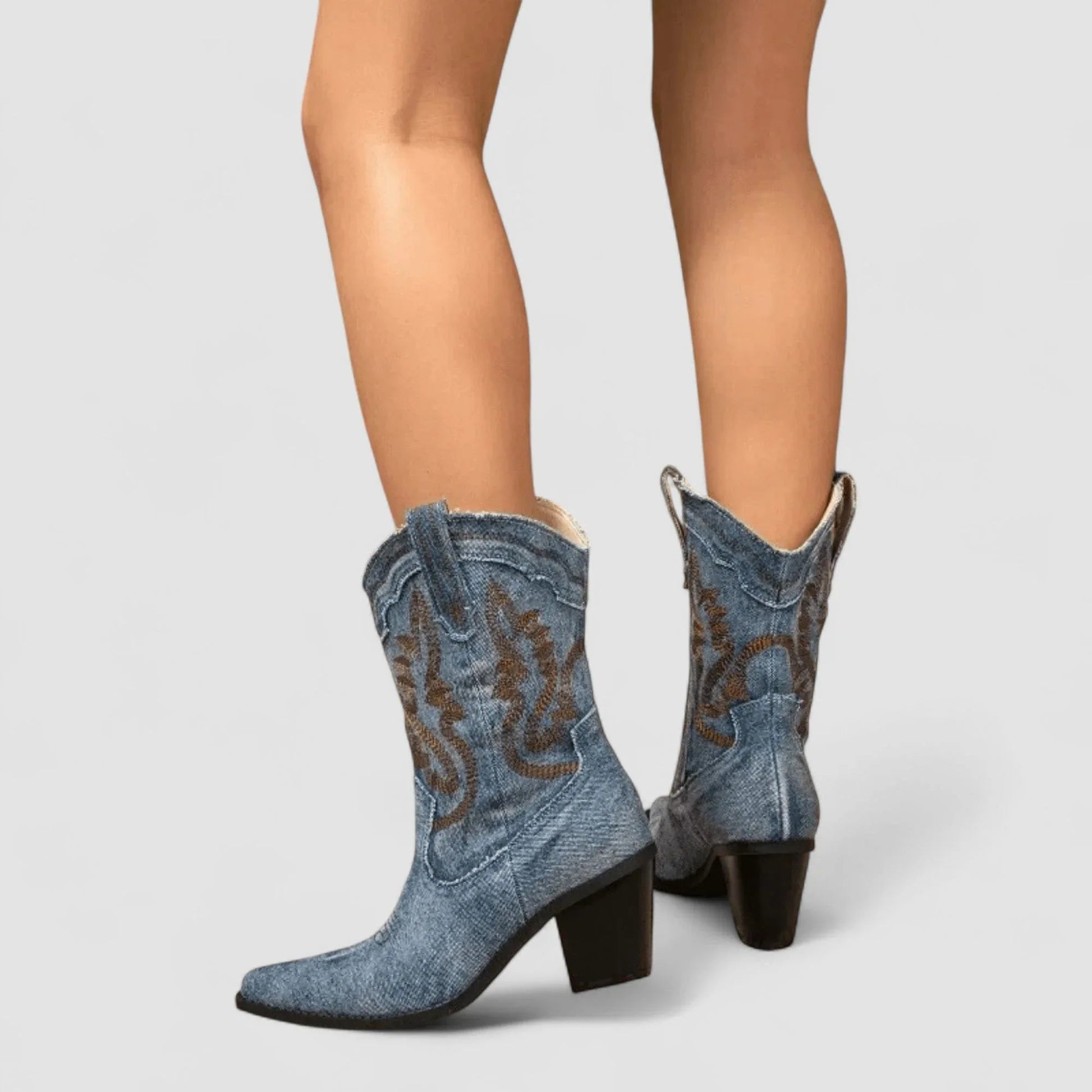Selena denim ankle boots with low block heel in blue, styled for everyday comfort