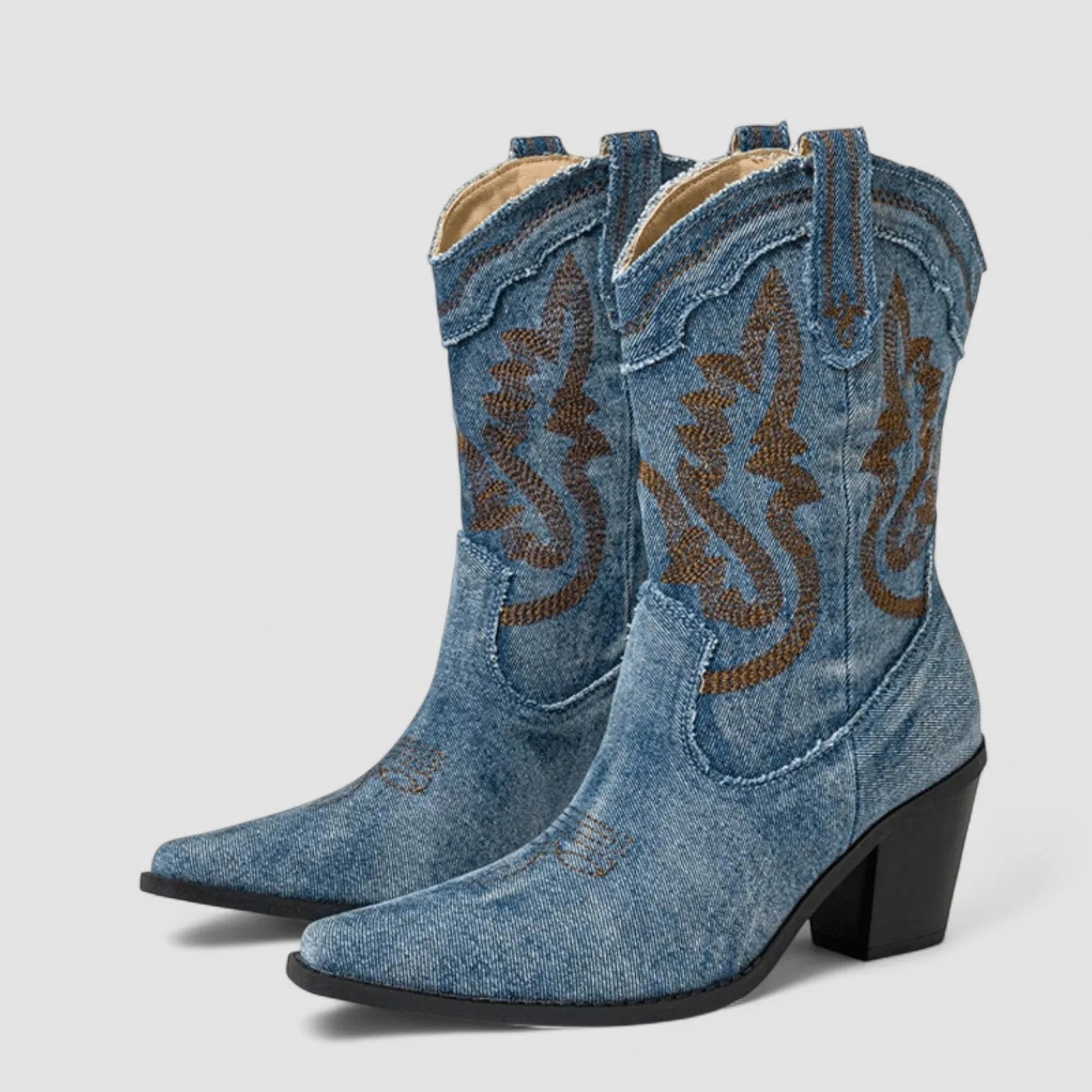 Selena denim ankle boots with low block heel in blue, styled for everyday comfort