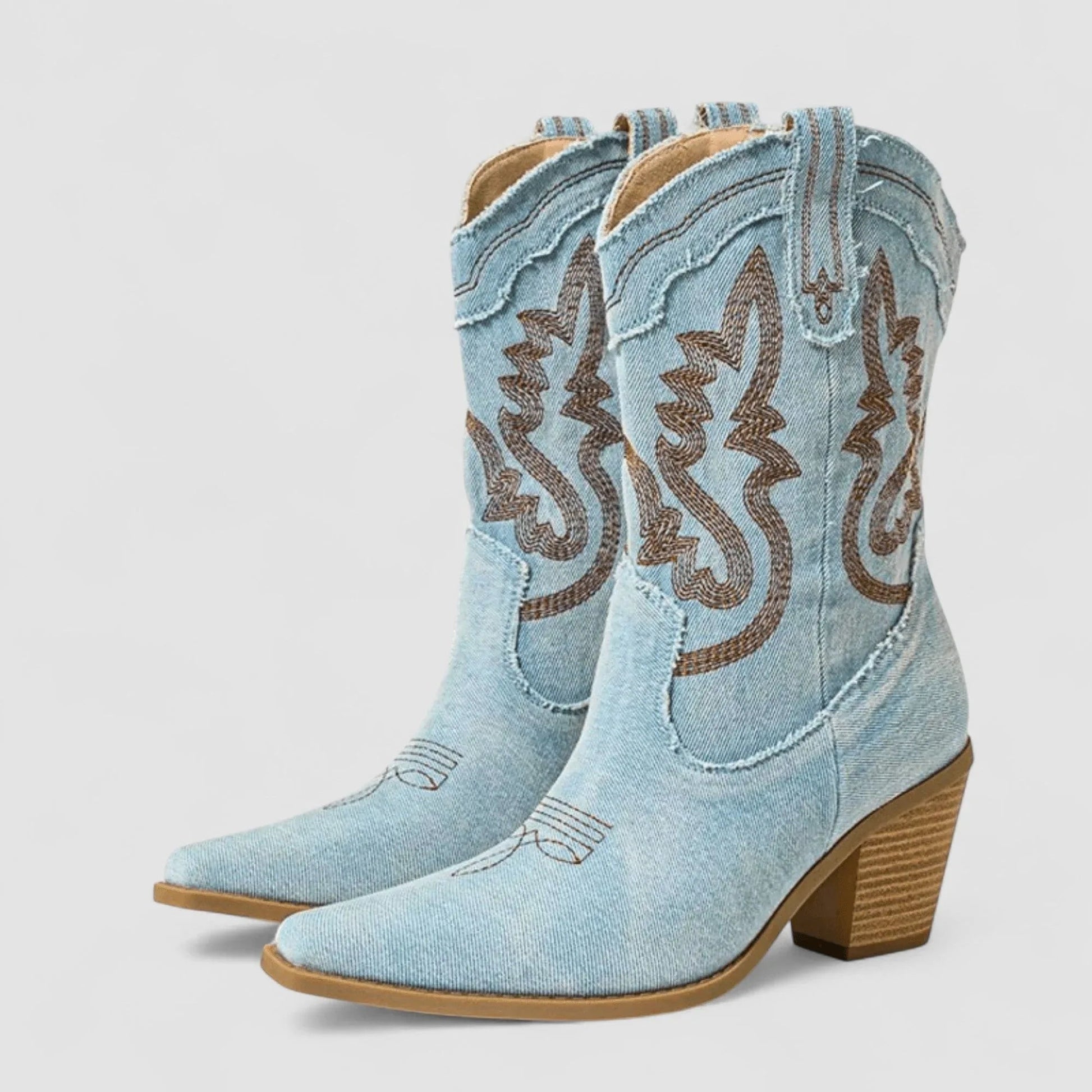 Selena denim ankle boots with low block heel in blue, styled for everyday comfort