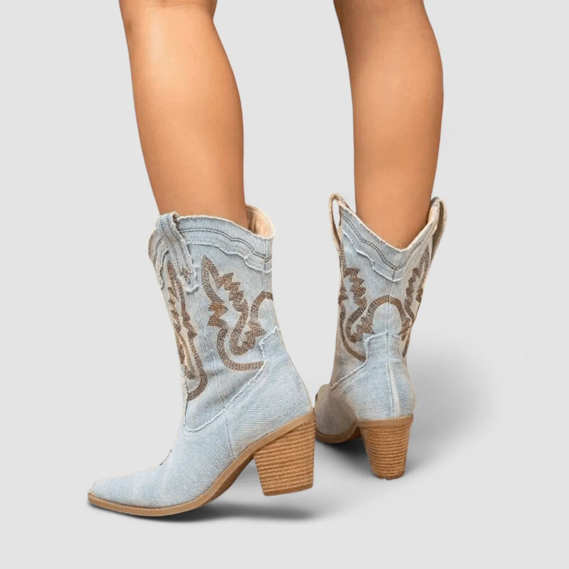 Selena denim ankle boots with low block heel in blue, styled for everyday comfort
