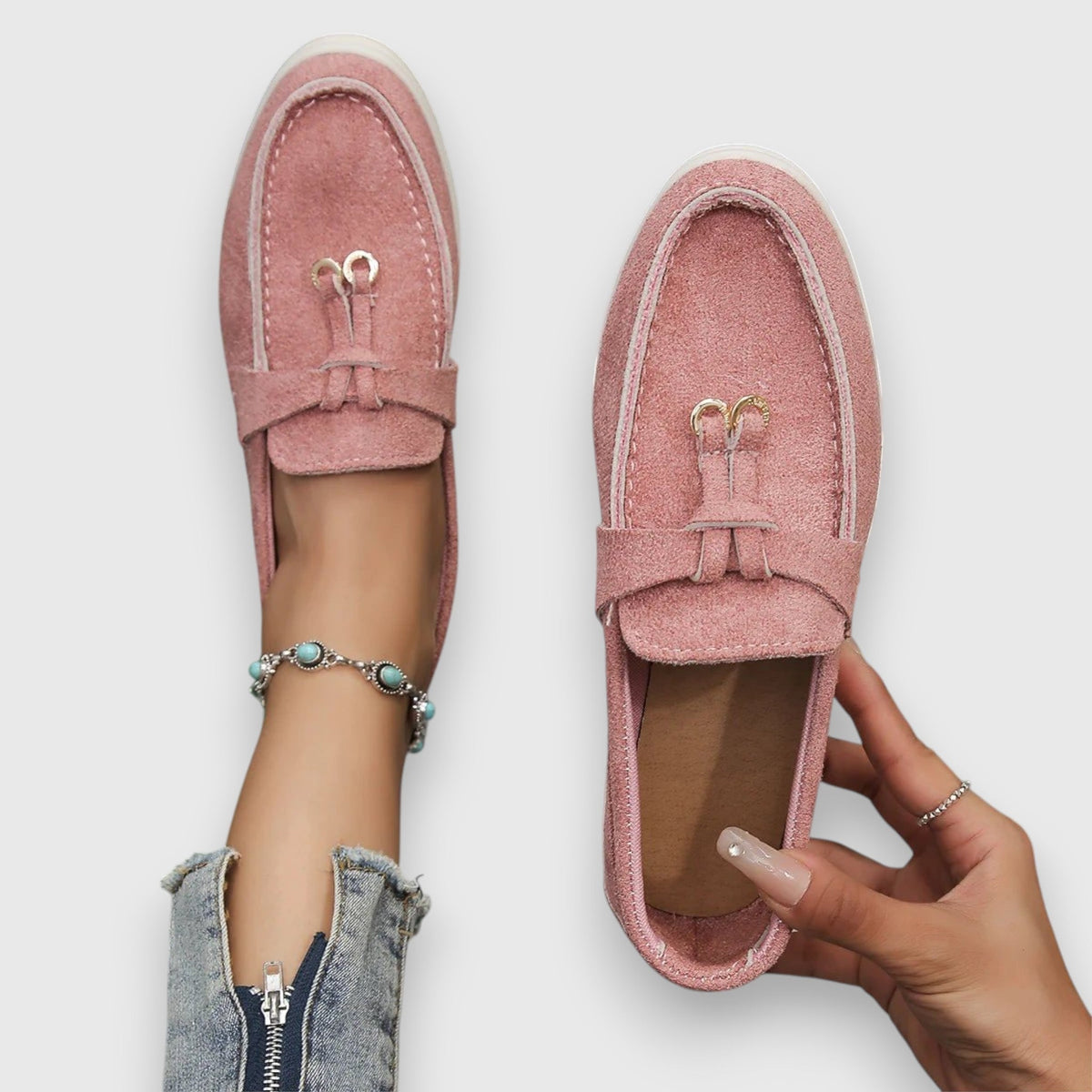 Womens slip-on loafers shown in soft neutral and pastel colour options