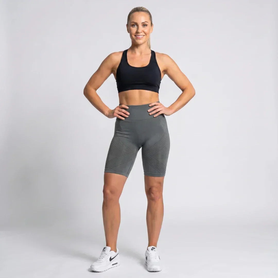 Lena dark grey short sculpting legging shown from front and side