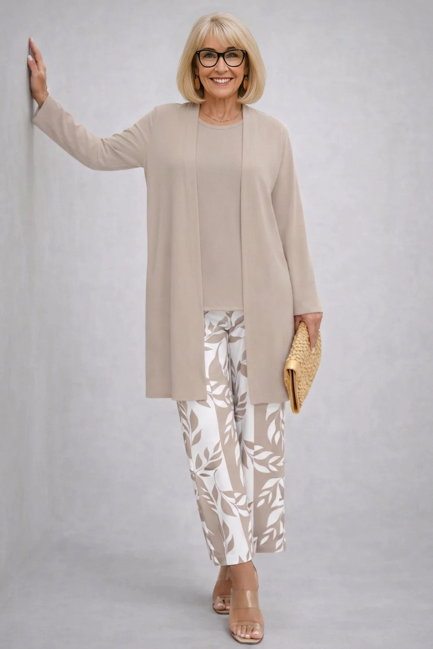 Erynn beige three-piece set styled together for an effortless coordinated look