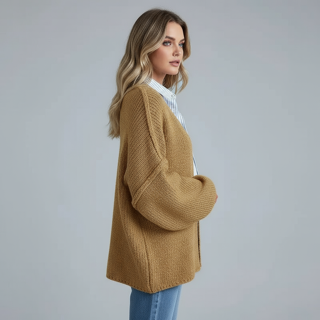 Oversized relaxed knit cardigan with dropped shoulders in a neutral colour