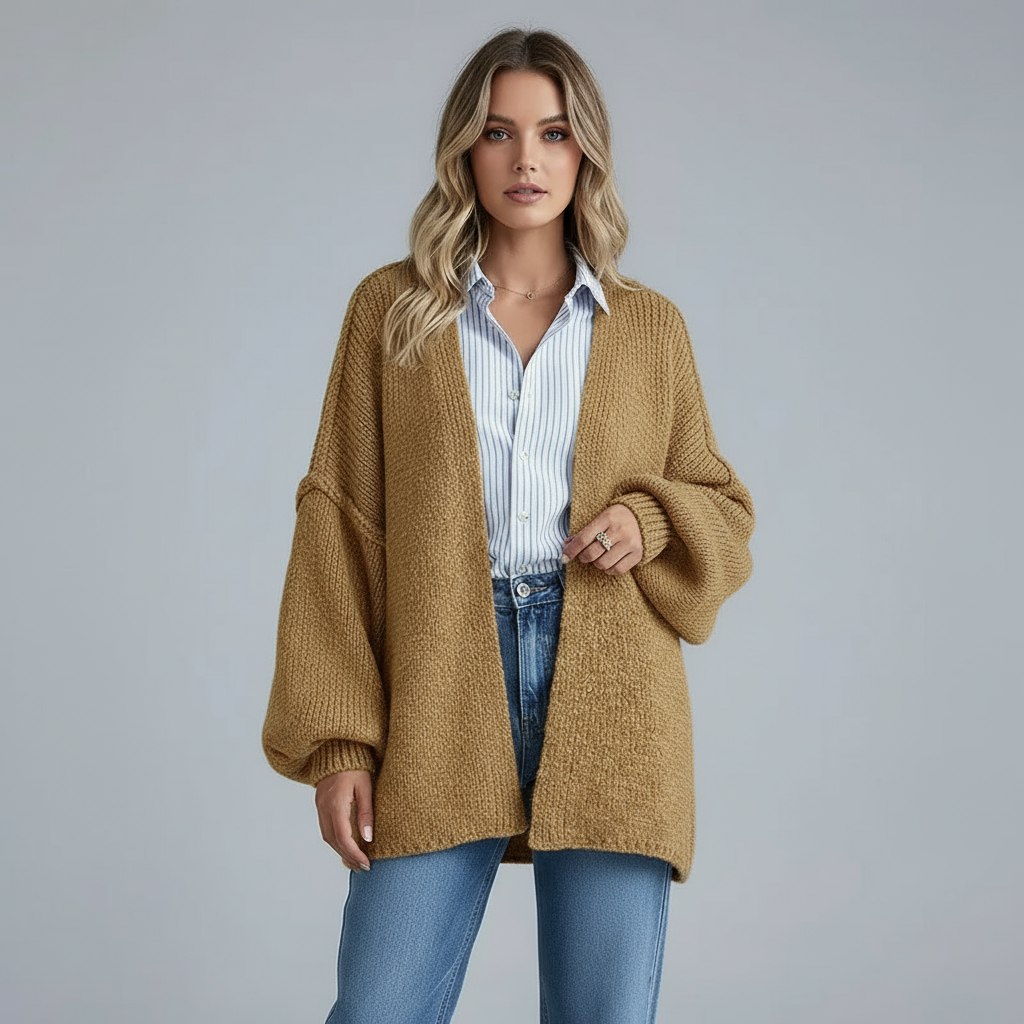 Oversized relaxed knit cardigan with dropped shoulders, shown in neutral colourways