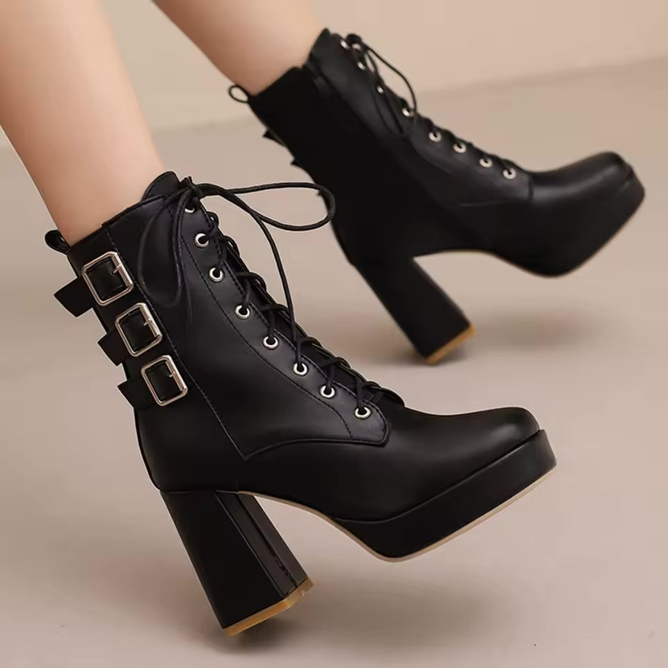 Elvira chunky heel lace-up boots in eco leather with buckle detail and side zipper