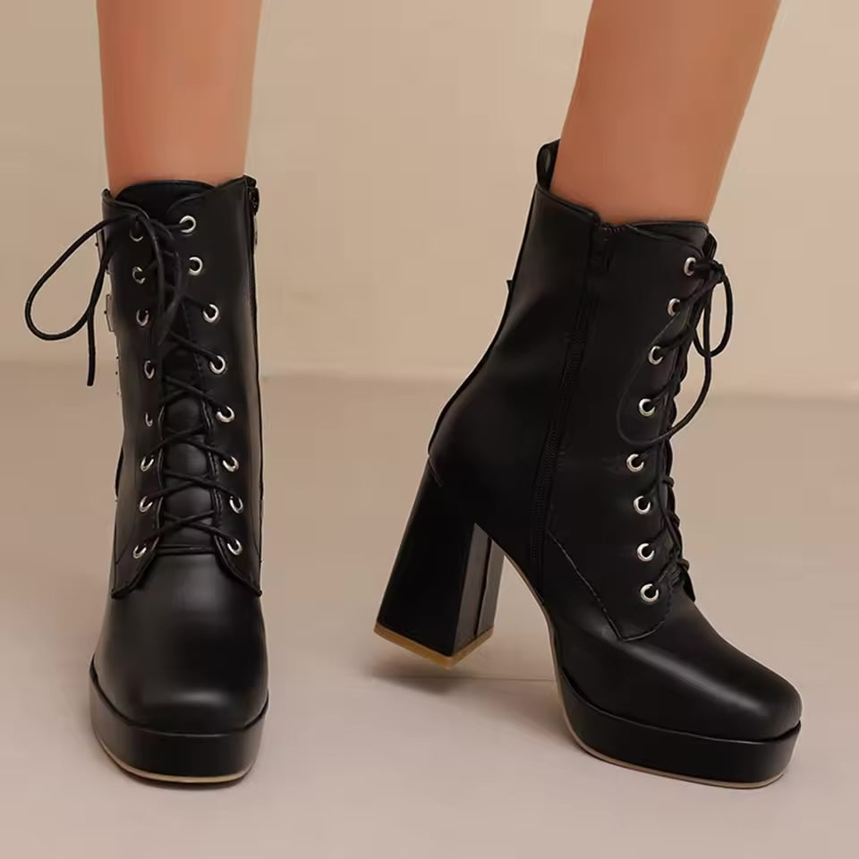 Elvira chunky heel lace-up boots in eco leather with buckle detail and side zipper
