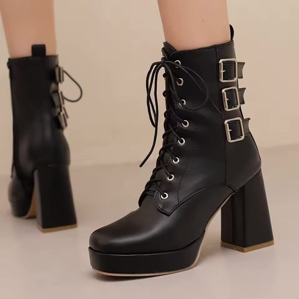 Elvira chunky heel lace-up boots in eco leather with buckle detail and side zipper