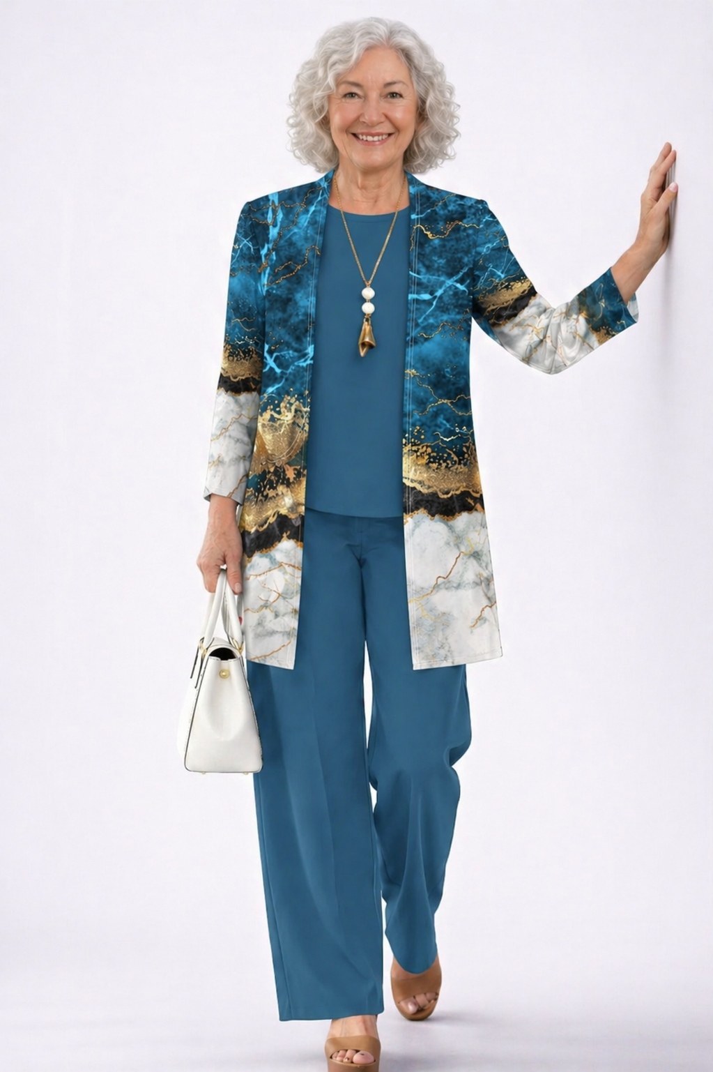 Teresa blue and gold marble three-piece coordinated set for women
