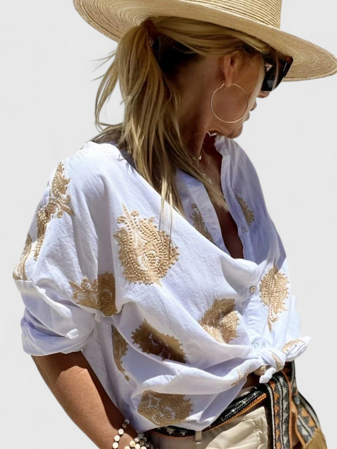 Veronika elegant everyday blouse shown in blue, white, pink and green