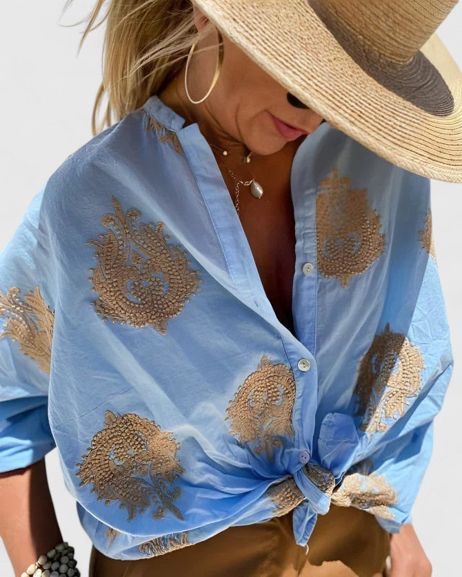 Veronika elegant everyday blouse shown in blue, white, pink and green