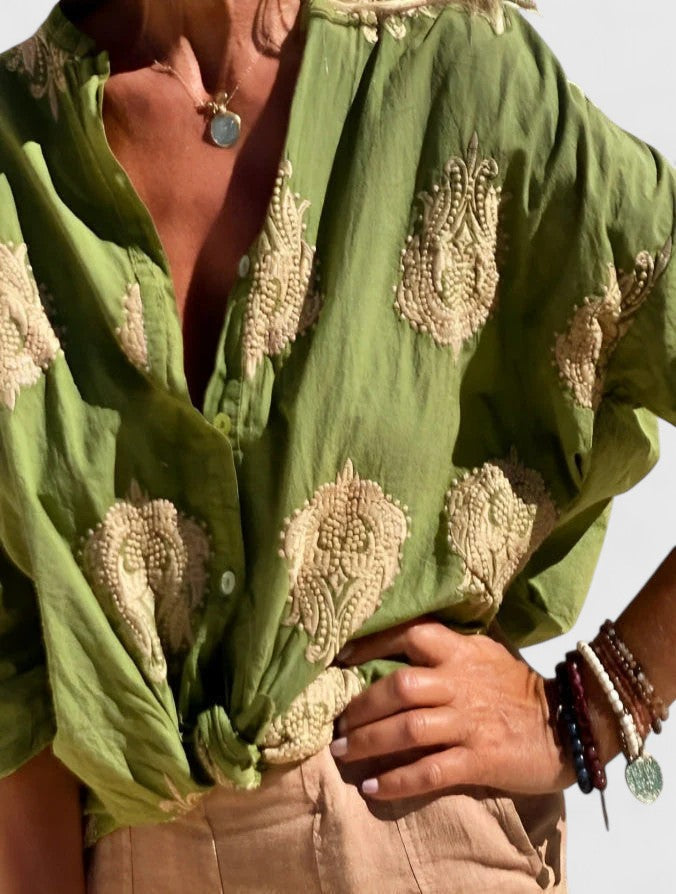 Veronika elegant everyday blouse shown in blue, white, pink and green