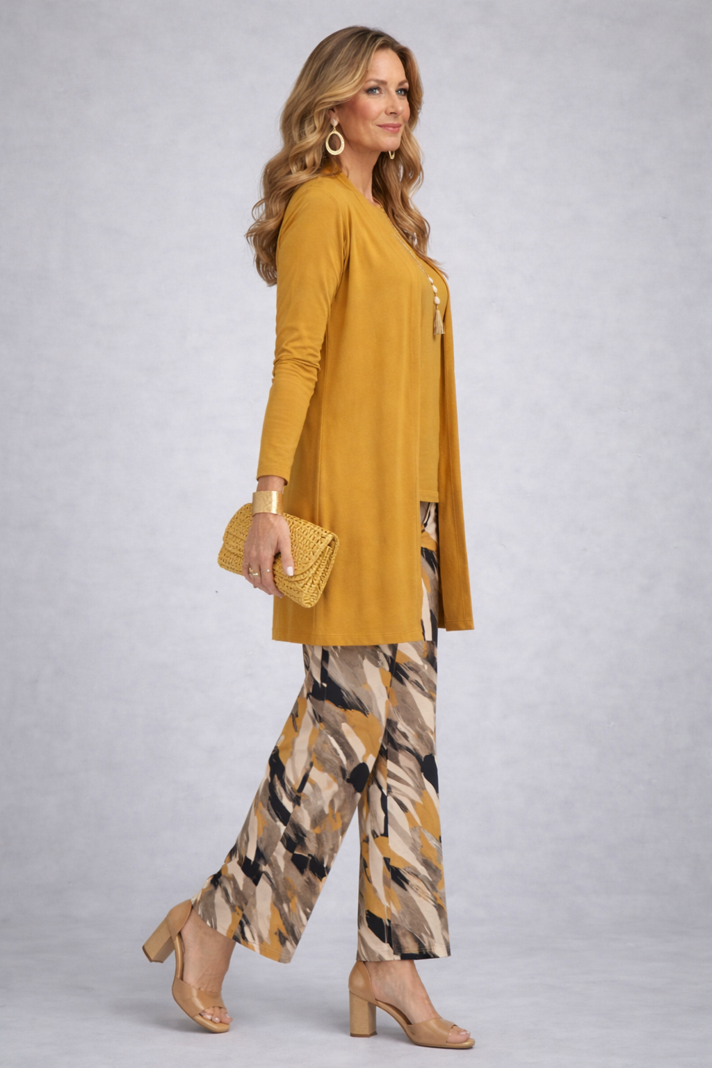 Faelina yellow coordinated three-piece set styled together for an effortless everyday look