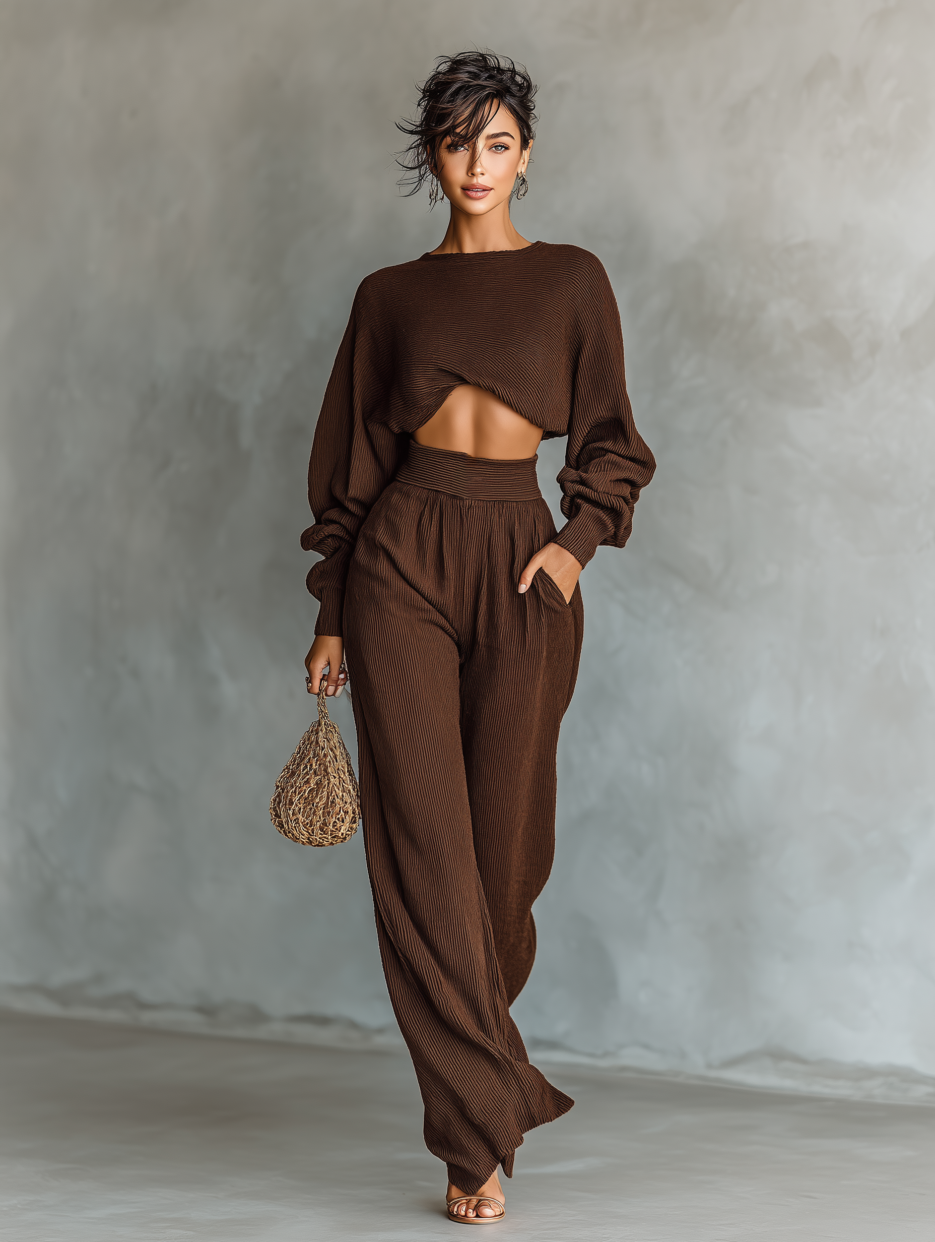 Una coffee-coloured short top and wide-leg trouser matching co-ord set