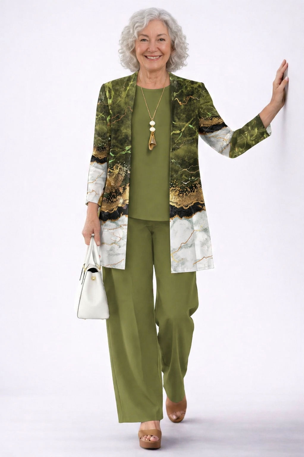 Deborah olive green three-piece set styled together for an effortless coordinated look