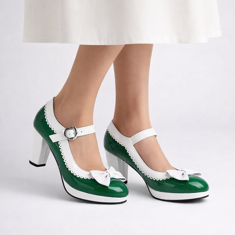 Retro Mary Jane block heels with bow accent, rounded toe and secure strap closure