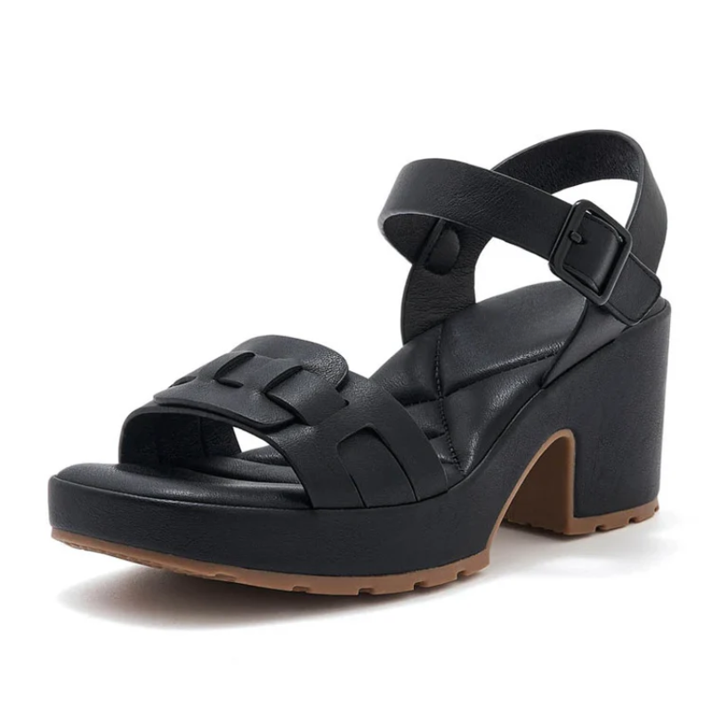 Womens triple-strap block heel platform sandals with adjustable ankle strap in beige, black and khaki