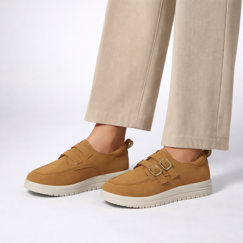Slip-on platform loafers with double buckle details in camel, beige and blue