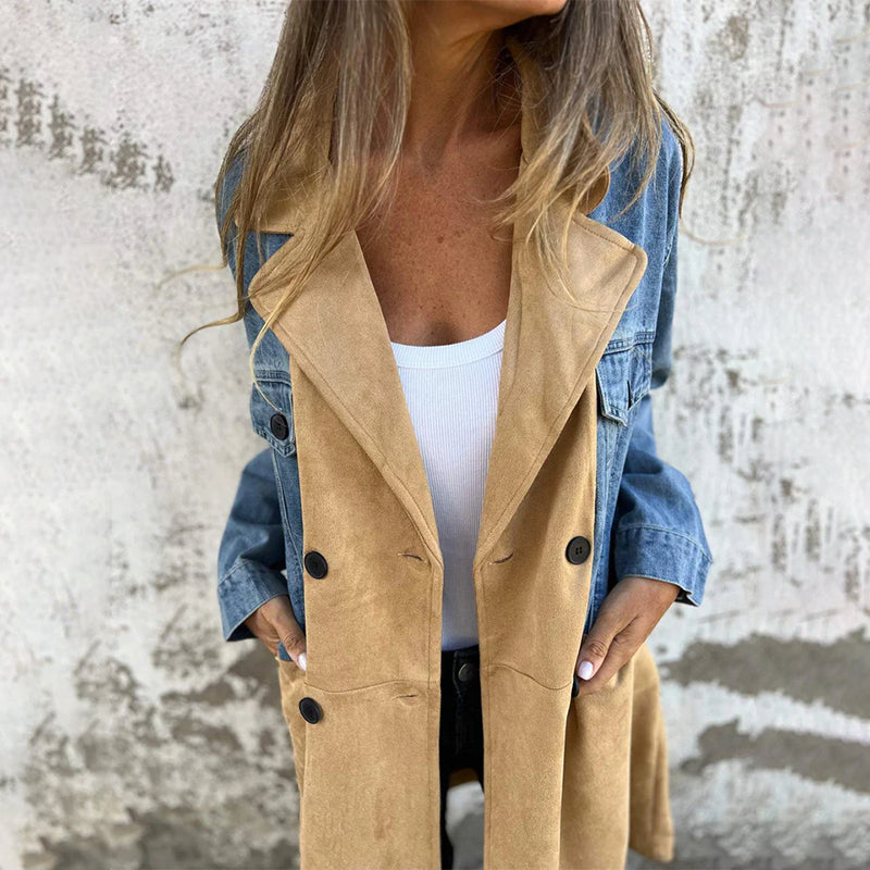 Elora two-tone denim trench coat shown in blue and black, tailored womens outerwear