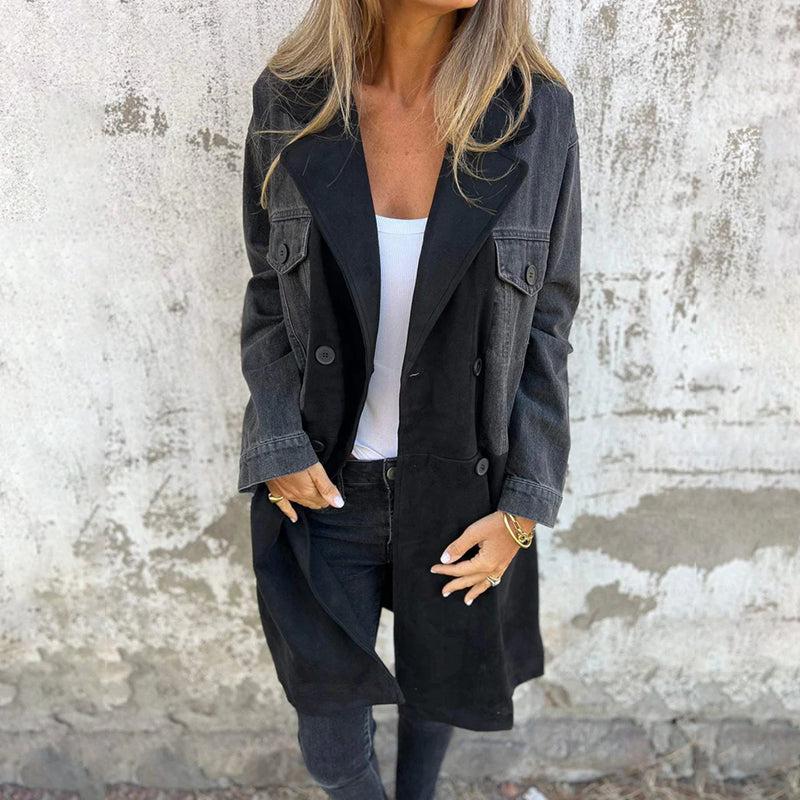 Elora two-tone denim trench coat shown in blue and black, tailored womens outerwear
