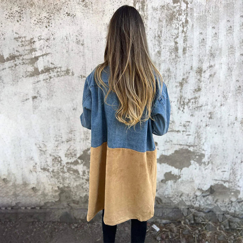 Elora two-tone denim trench coat shown in blue and black, tailored womens outerwear
